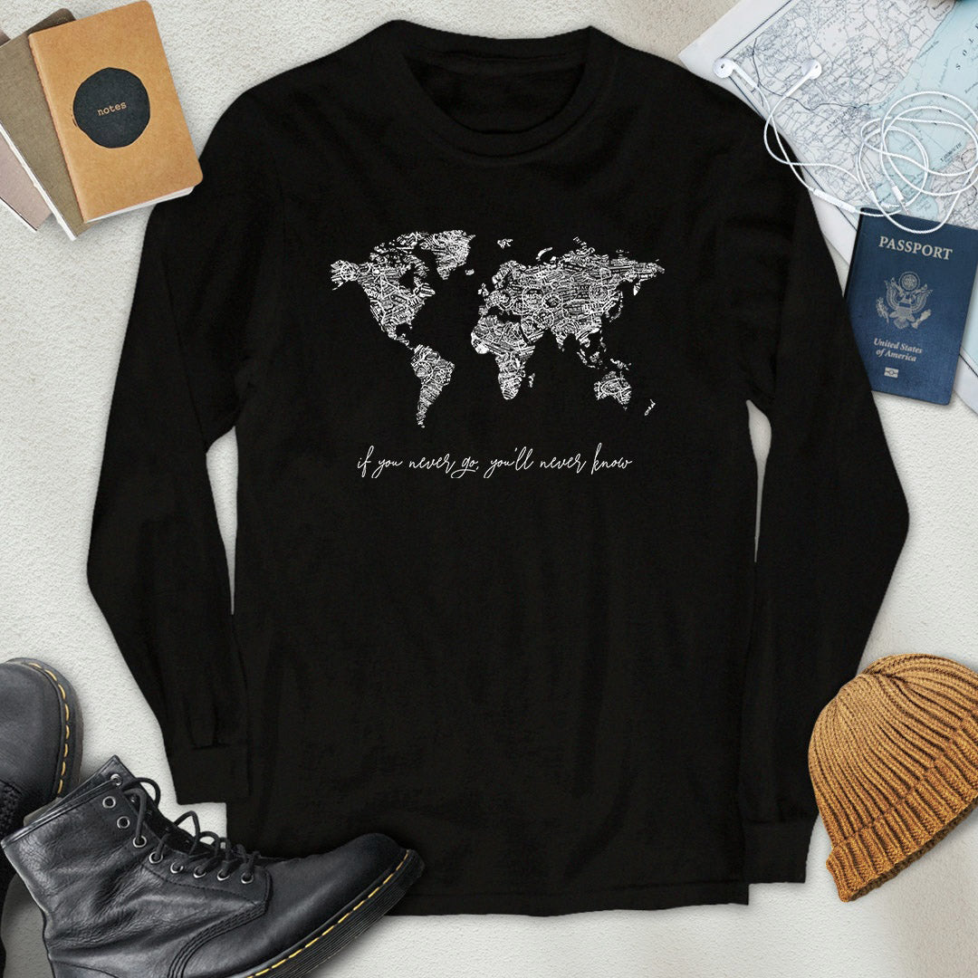 B&W Travel Stamps World Map Long Sleeve