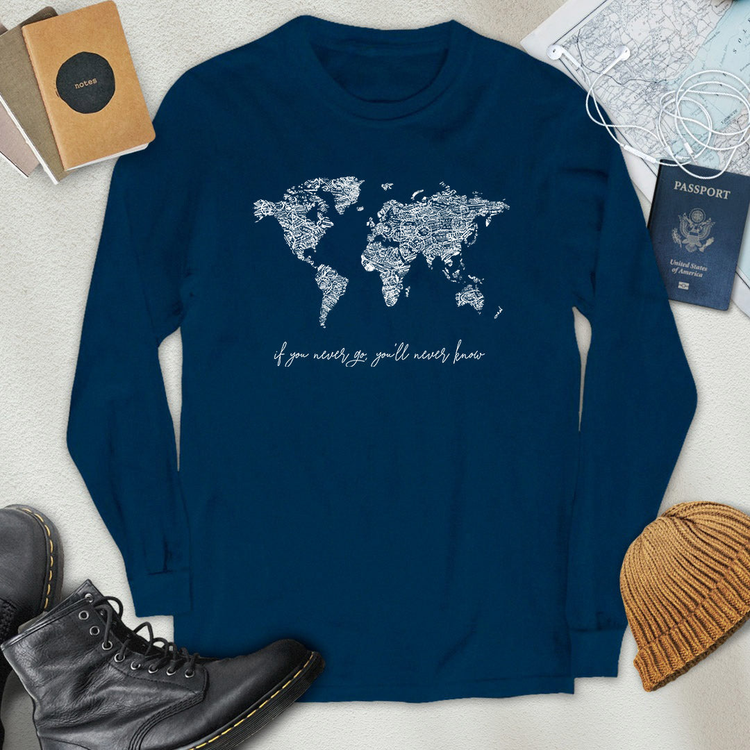 B&W Travel Stamps World Map Long Sleeve