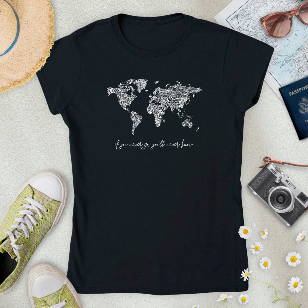 B&W Travel Stamps World Map Women’s T-Shirt