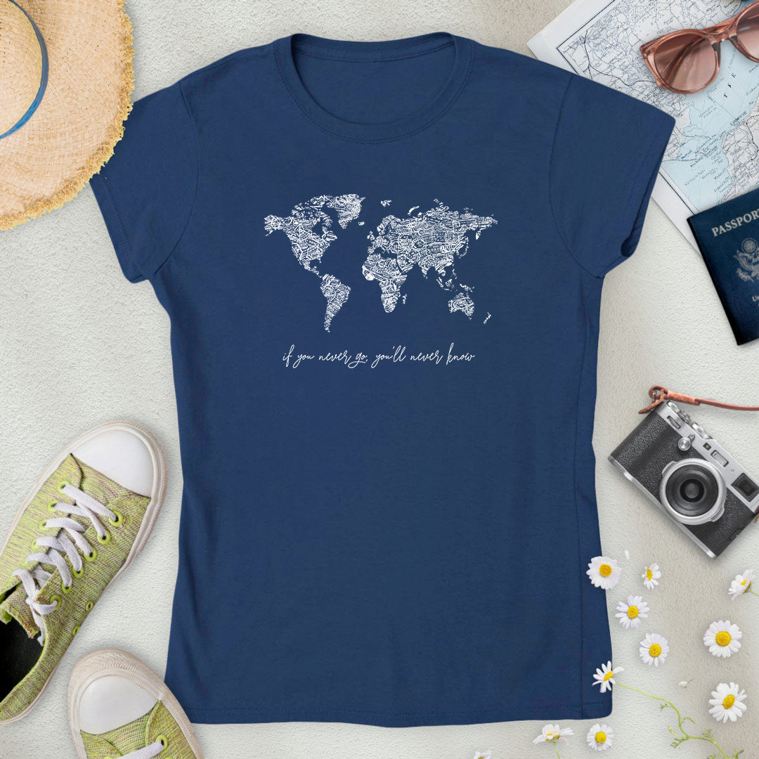B&W Travel Stamps World Map Women’s T-Shirt