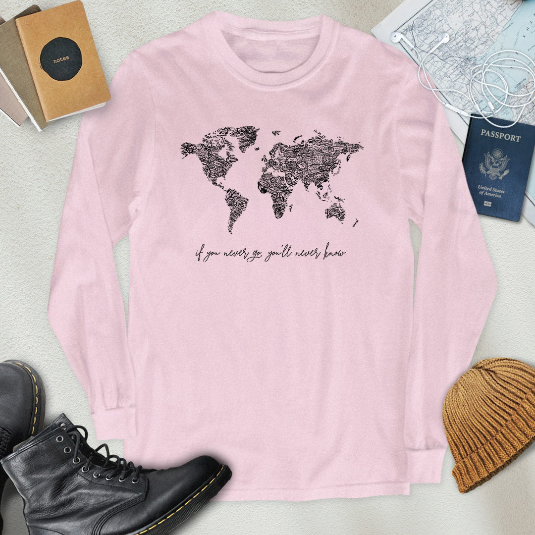 B&W Travel Stamps World Map Long Sleeve