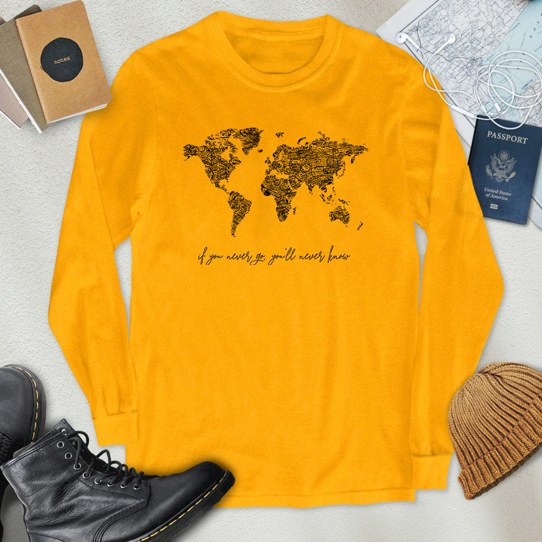 B&W Travel Stamps World Map Long Sleeve