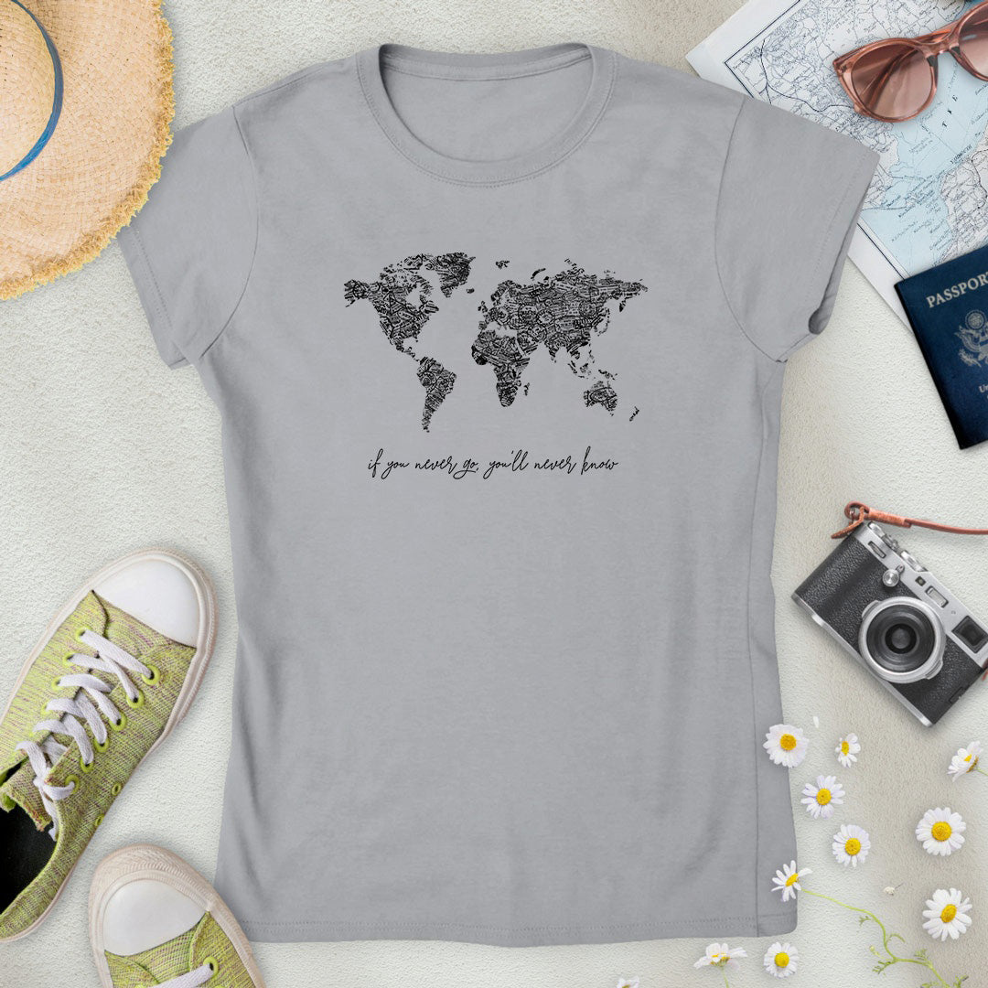 B&W Travel Stamps World Map Women’s T-Shirt