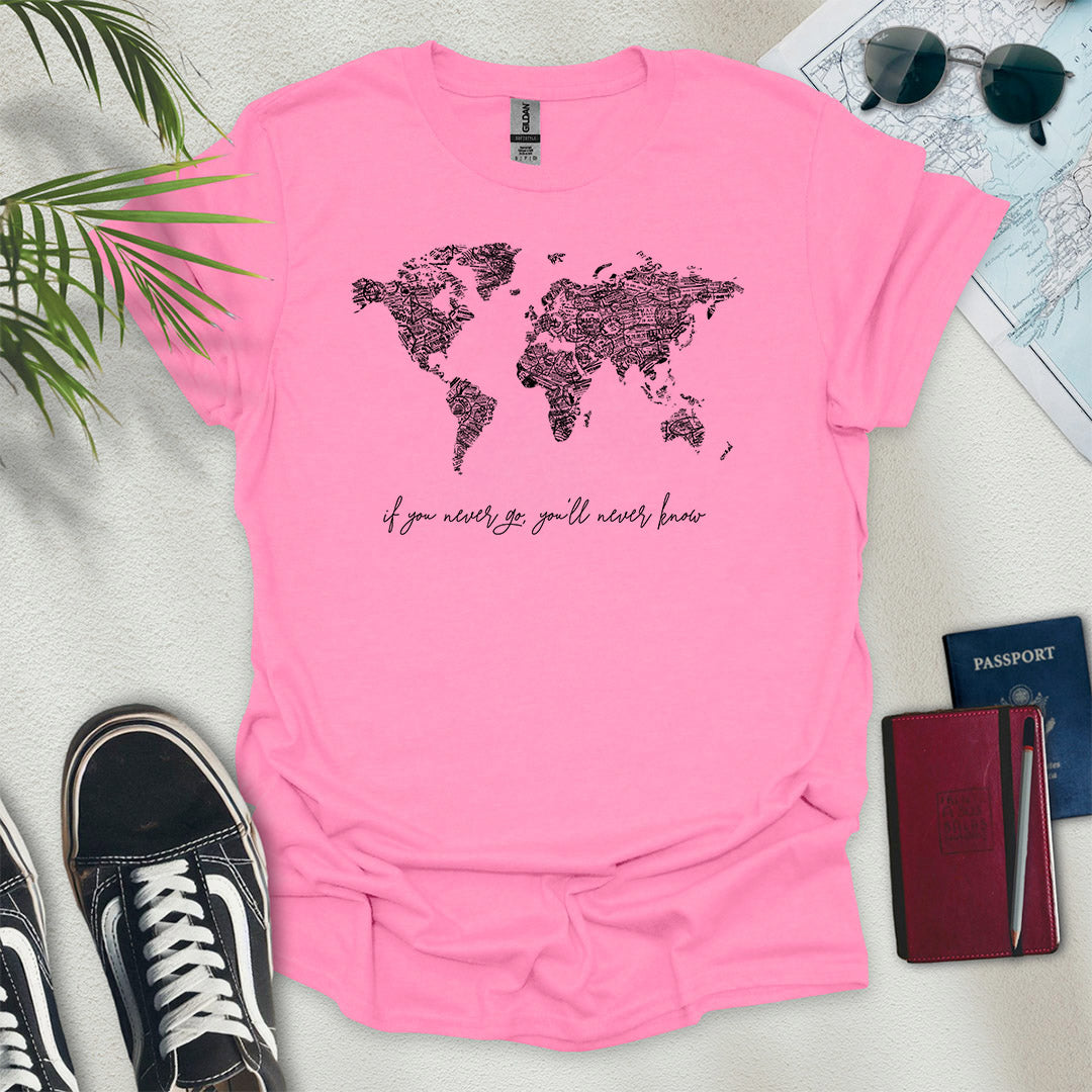 B&W Travel Stamps World Map T-Shirt