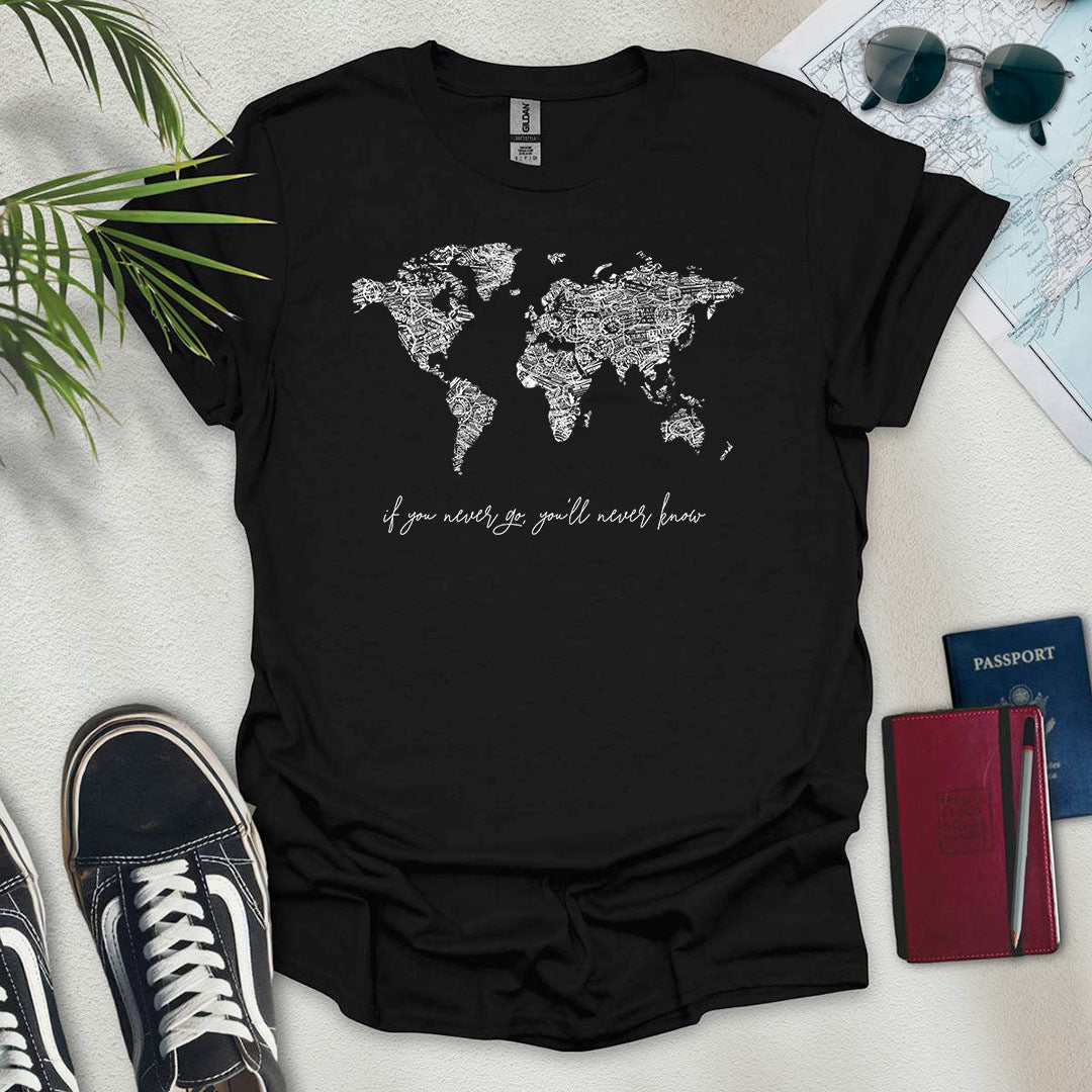 B&W Travel Stamps World Map T-Shirt
