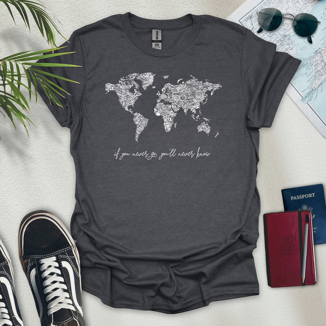 B&W Travel Stamps World Map T-Shirt
