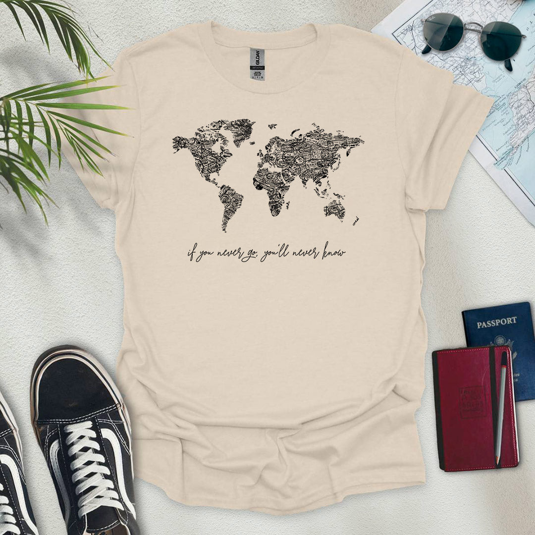 B&W Travel Stamps World Map T-Shirt