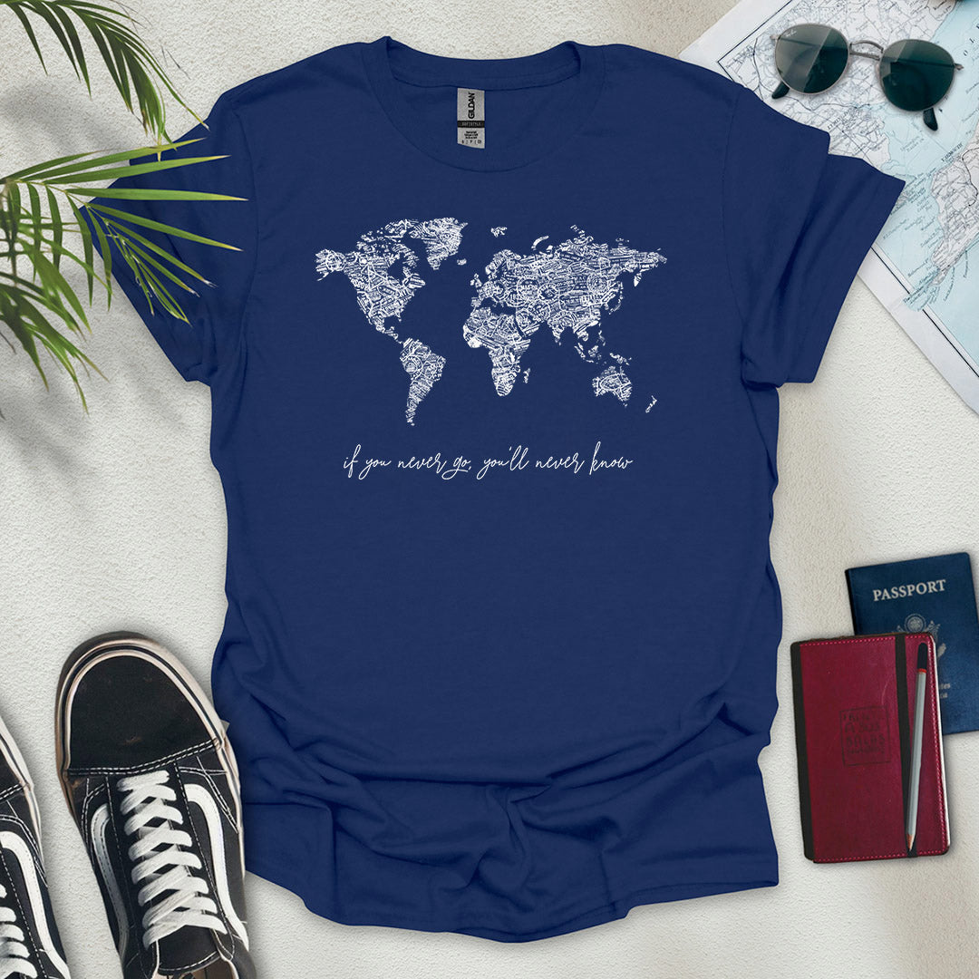 B&W Travel Stamps World Map T-Shirt
