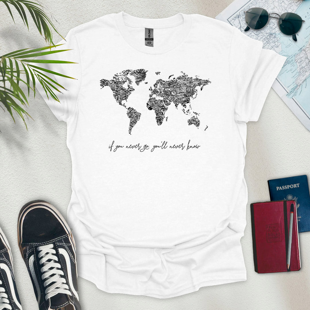 B&W Travel Stamps World Map T-Shirt