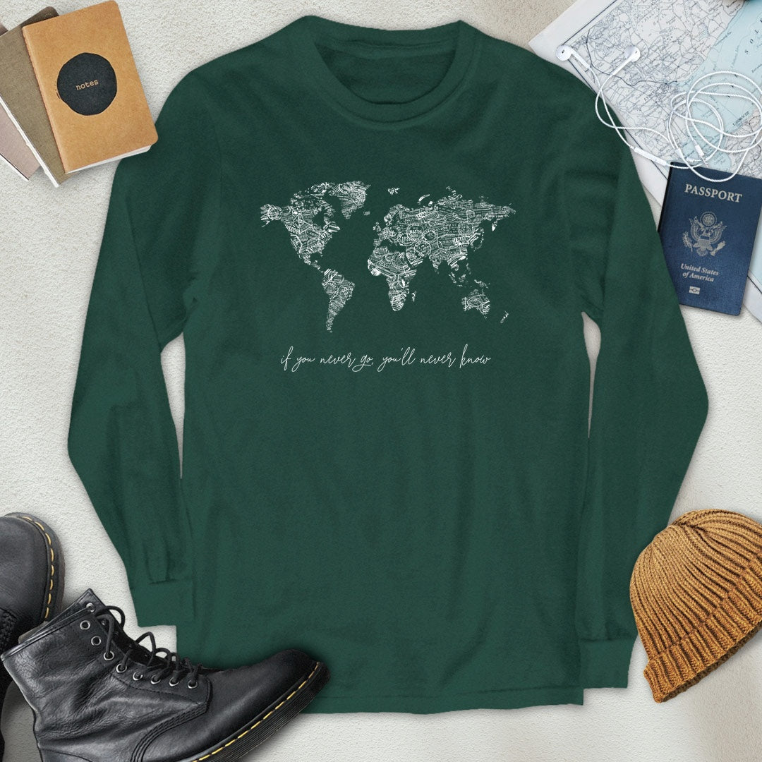 B&W Travel Stamps World Map Long Sleeve