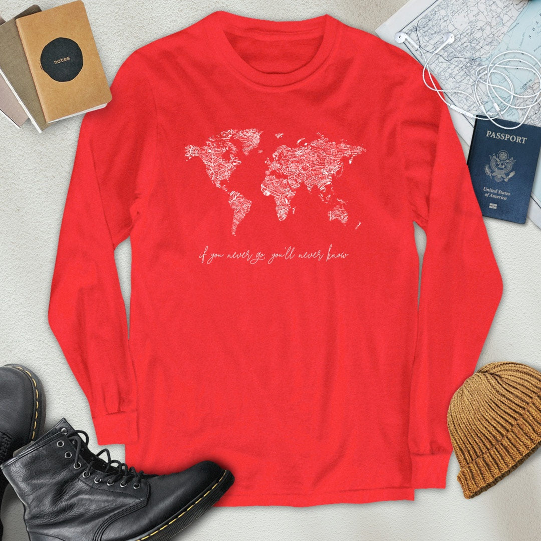 B&W Travel Stamps World Map Long Sleeve