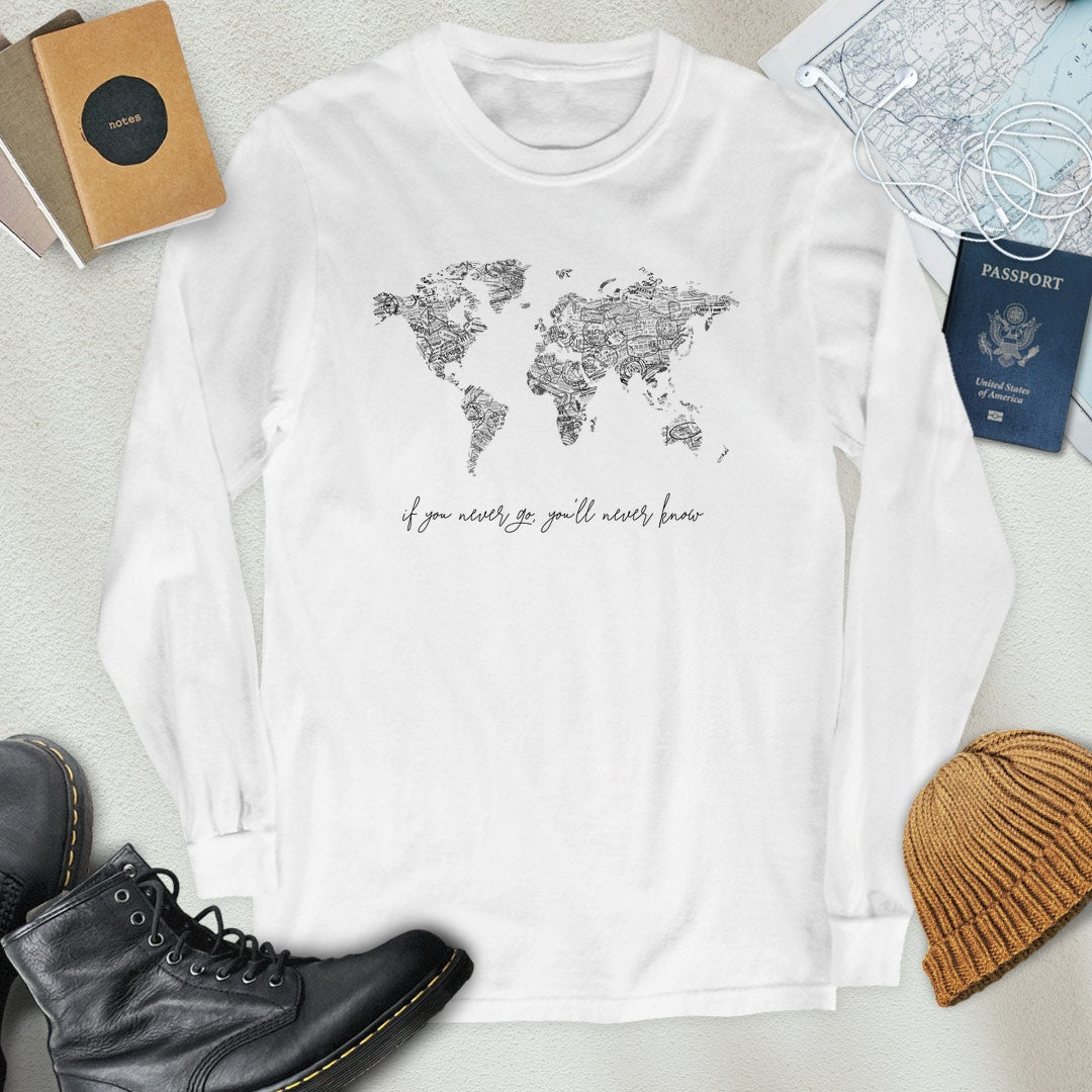 B&W Travel Stamps World Map Long Sleeve