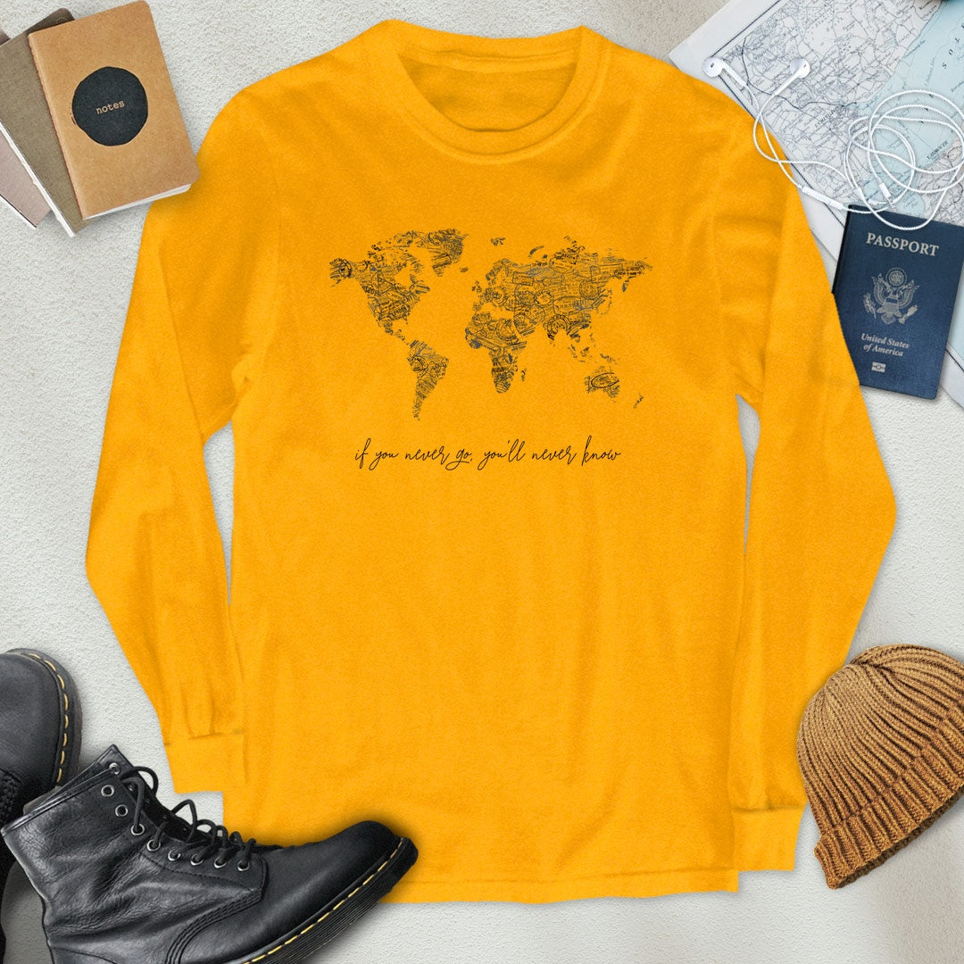 B&W Travel Stamps World Map Long Sleeve