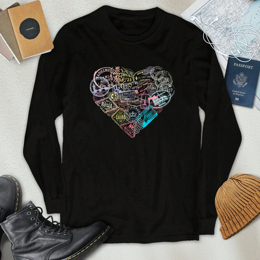 Travel Stamps Heart Long Sleeve