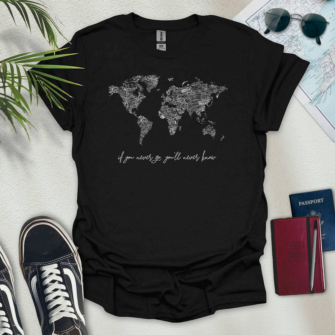 B&W Travel Stamps World Map T-Shirt