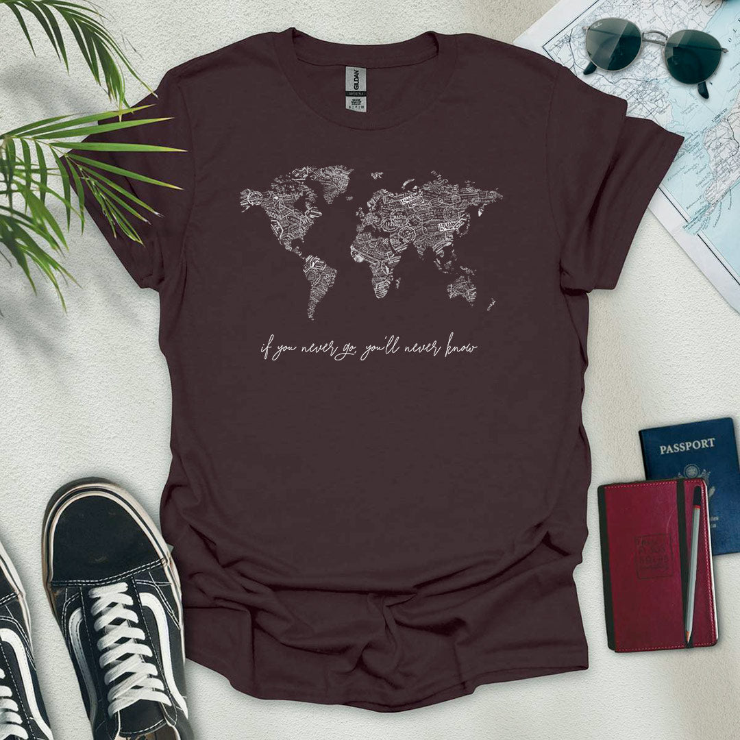 B&W Travel Stamps World Map T-Shirt