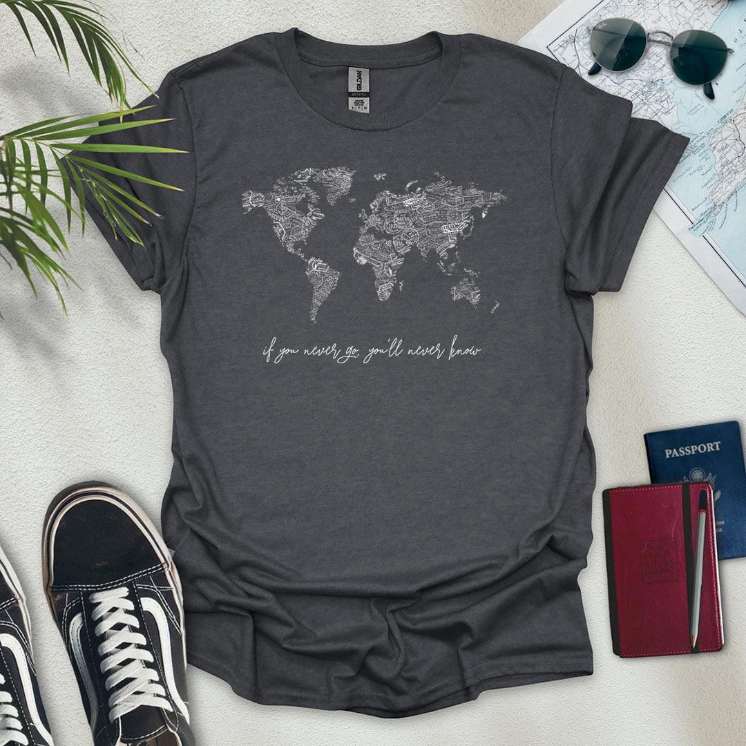 B&W Travel Stamps World Map T-Shirt