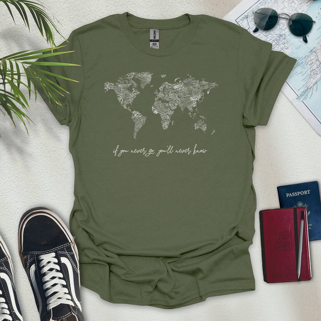 B&W Travel Stamps World Map T-Shirt