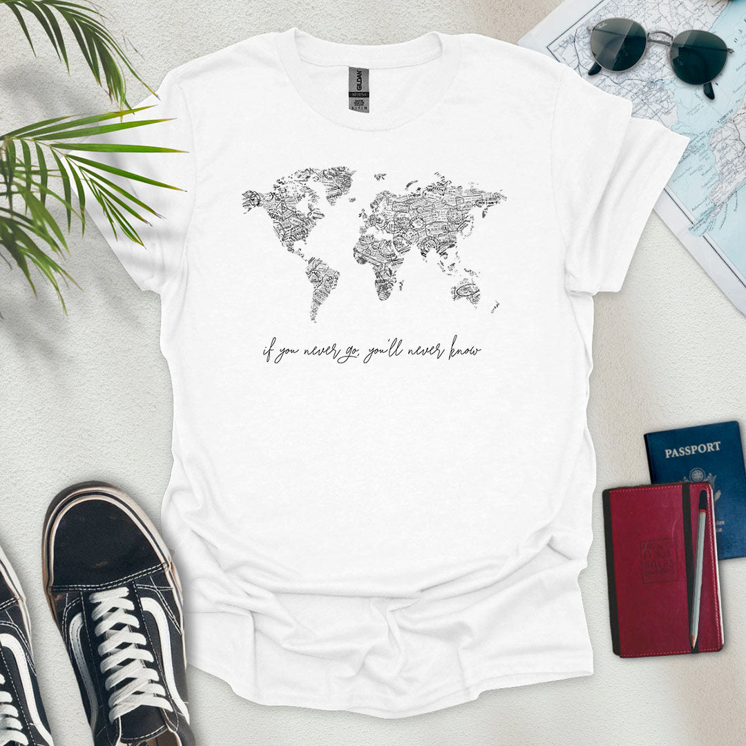 B&W Travel Stamps World Map T-Shirt