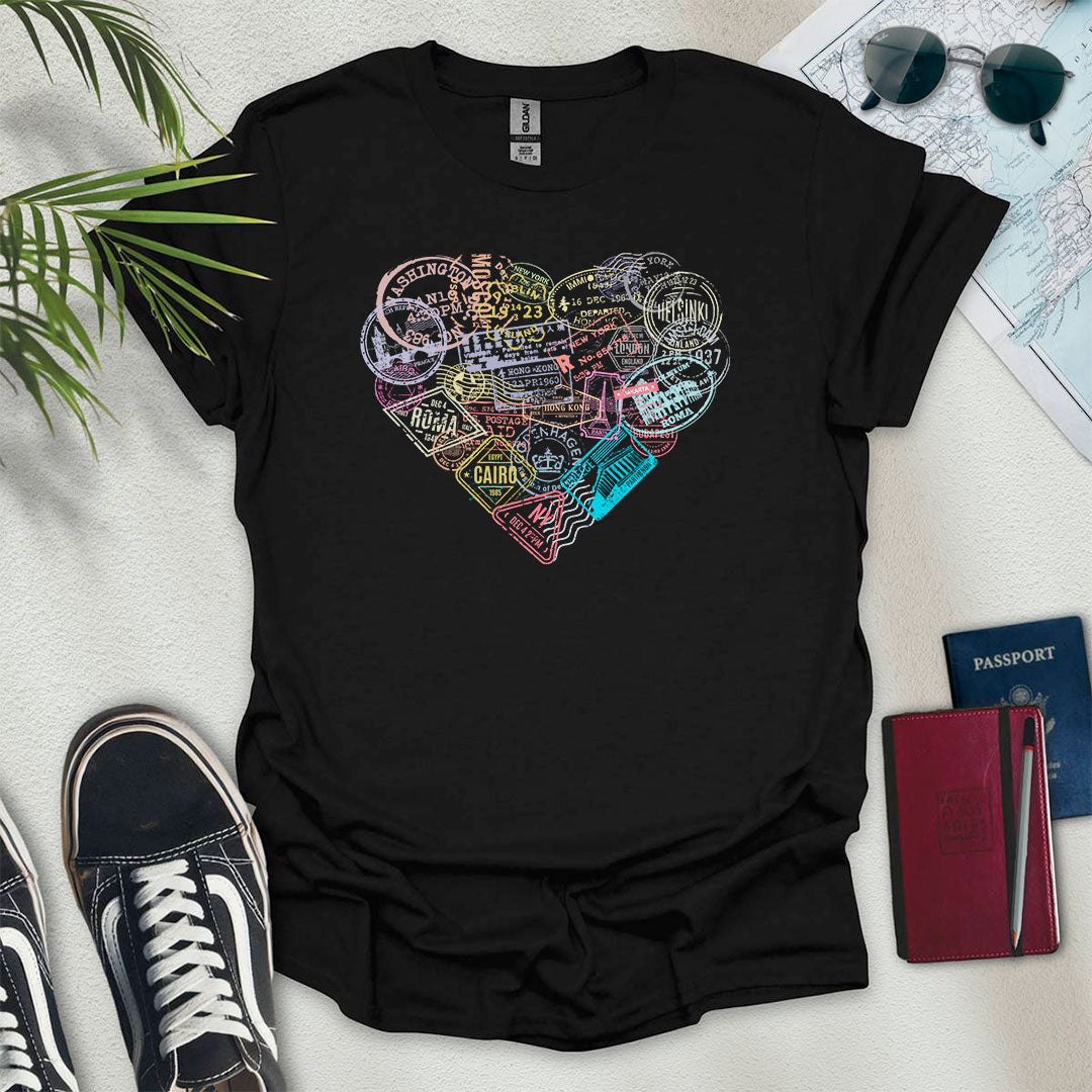 Travel Stamps Heart T-Shirt - Wander Wears | Explore in Style - Adventure & Travel Apparel