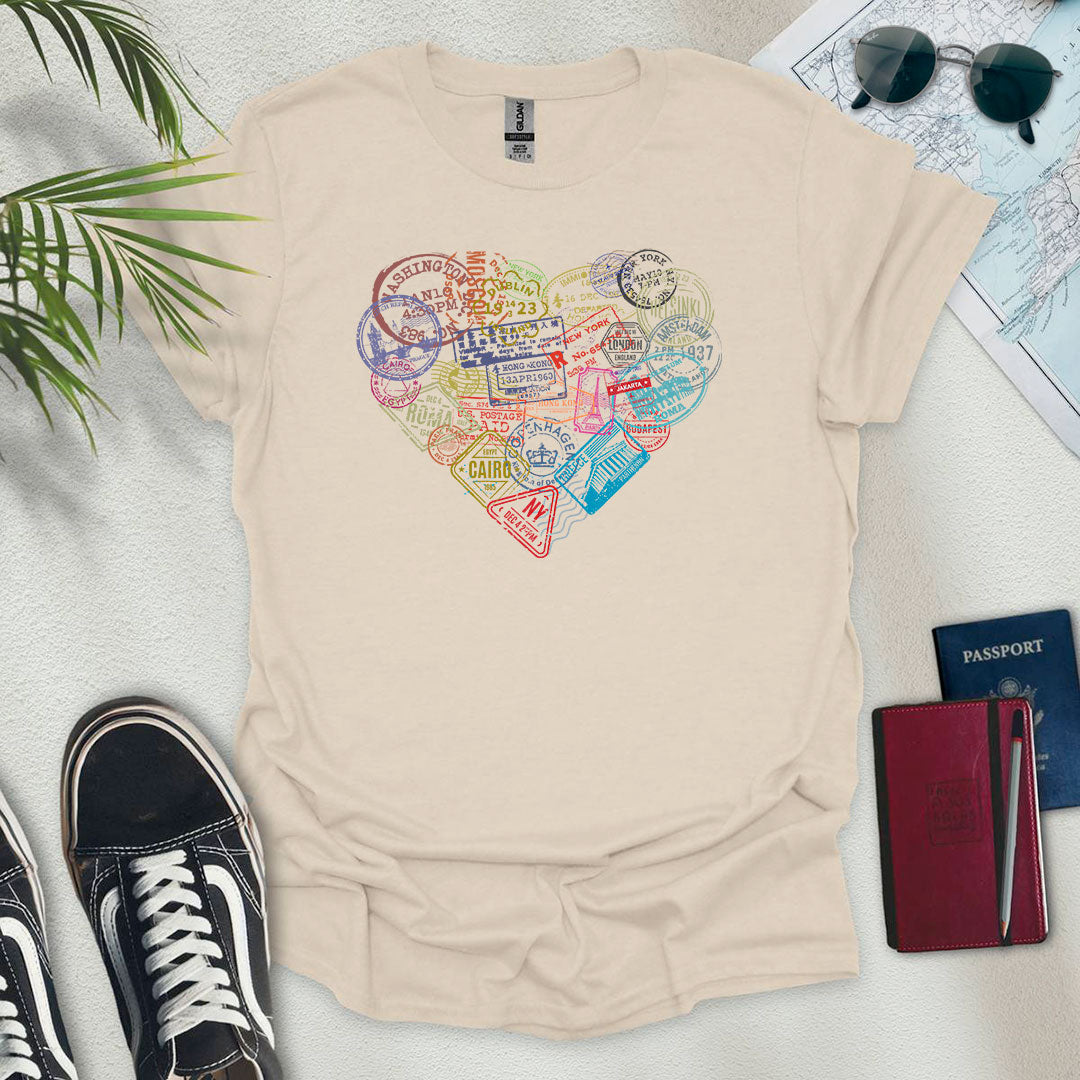 Travel Stamps Heart T-Shirt - Wander Wears | Explore in Style - Adventure & Travel Apparel