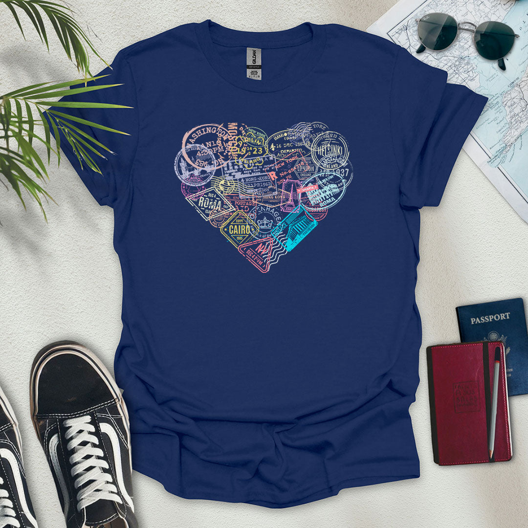 Travel Stamps Heart T-Shirt - Wander Wears | Explore in Style - Adventure & Travel Apparel