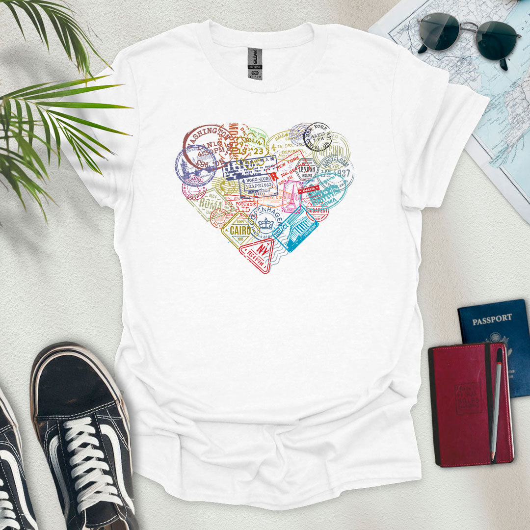 Travel Stamps Heart T-Shirt - Wander Wears | Explore in Style - Adventure & Travel Apparel